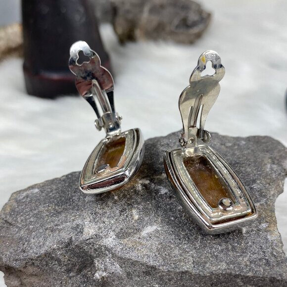 Vintage Faux Amber Silver Tone Rectangle Clip-on Earrings 1.25" X .75" - Picture 7 of 8